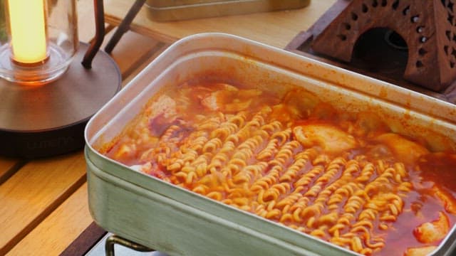 Soft tofu stew with ramen cooked in a portable metal pot