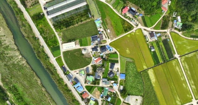 View of a rural village and fields