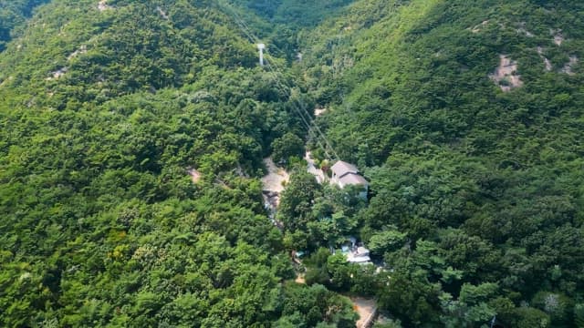 Lush green mountains with cable lines