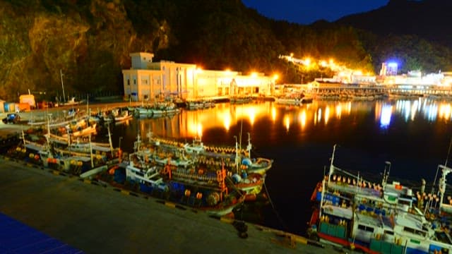 Port with fishing boats anchored near a coastal village