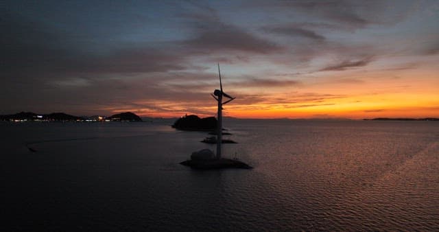Wind Turbines at Sea During Sunset