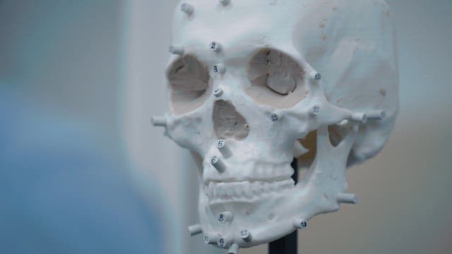 Person reconstructing a human face using a skull model