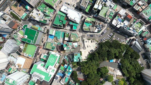 Bustling city with green rooftops