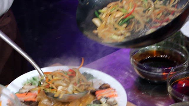Starch sheet salad with mustard sauce on a plate