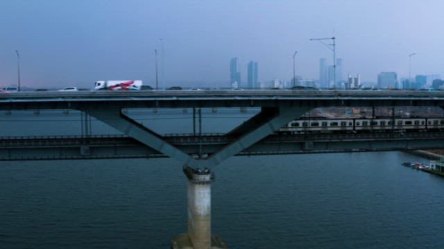 Subway on the Han River Bridge During Rush Hour