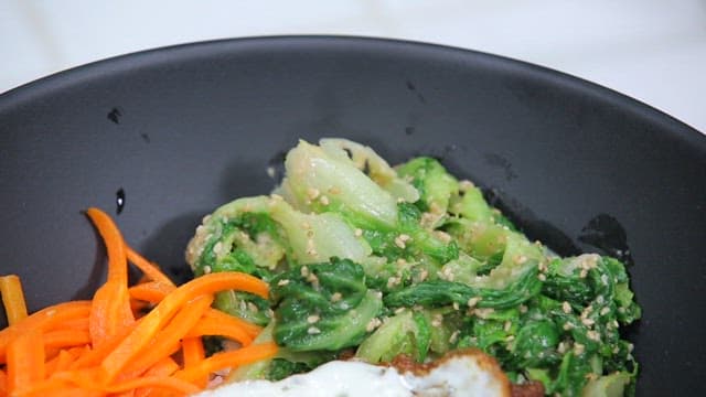 Bibimbap with various vegetables and fried egg
