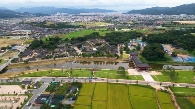 Traditional Korean village with a river