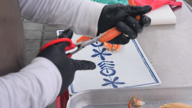 Gloved hands cutting cooked crab legs with scissors