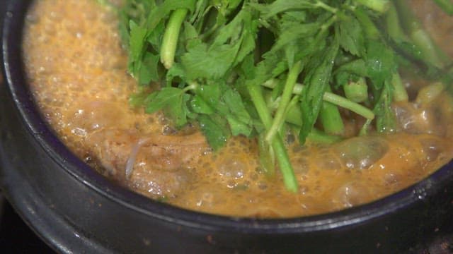 Boiling duck soup topped with water parsley
