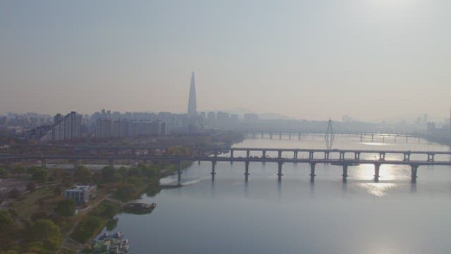 City skyline with a river and bridges