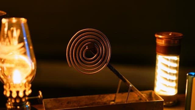 Lighting an incense coil using a gas lighter at night