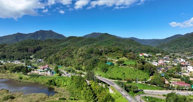 Scenic view of mountains and a village