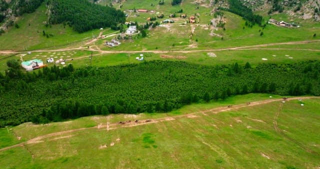 Expansive green landscape with distant village