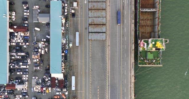View of a busy port with containers