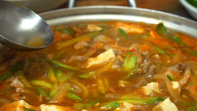 Ladleful of stew with plenty of vegetables and meat