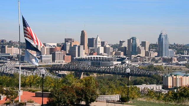 Urban Views with American Flags and Signs