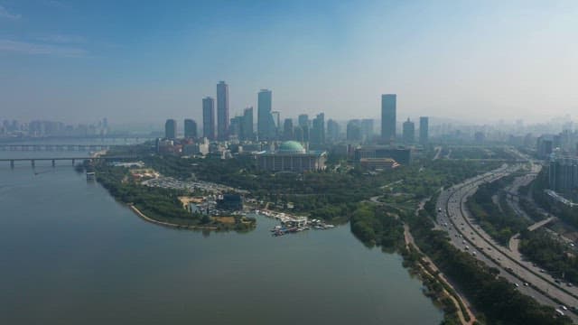 Korean Assembly Building Located in a Bustling Riverside City