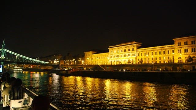 Cruise passing illuminated buildings and bridges