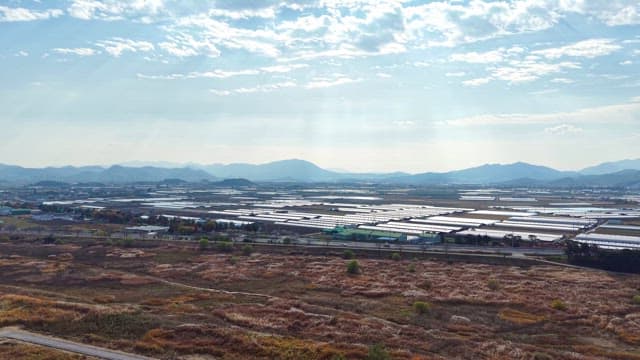 Expansive greenhouses under a bright sky