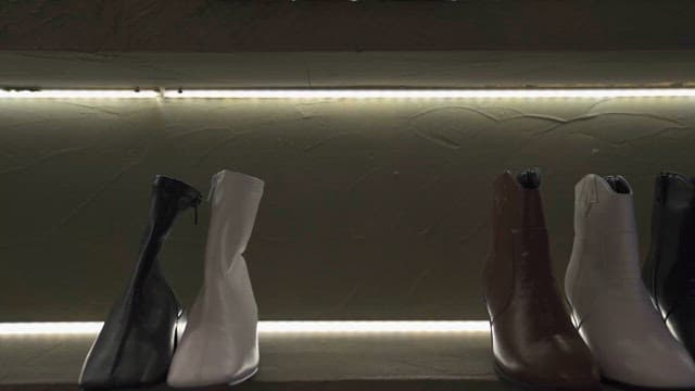 Display of elegant high-heeled boots on shelf
