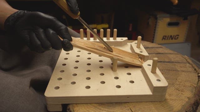 Wood carving on a workbench