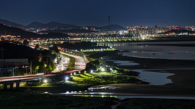 Road in Coastal City at Night with Lights
