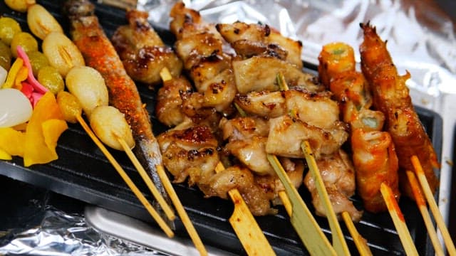 Various types of skewers grilled until golden brown