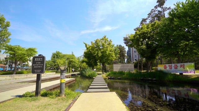 Stepping stones in a park surrounded by buildings