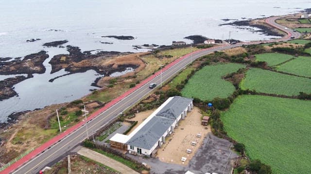 Coastal road with green fields and ocean