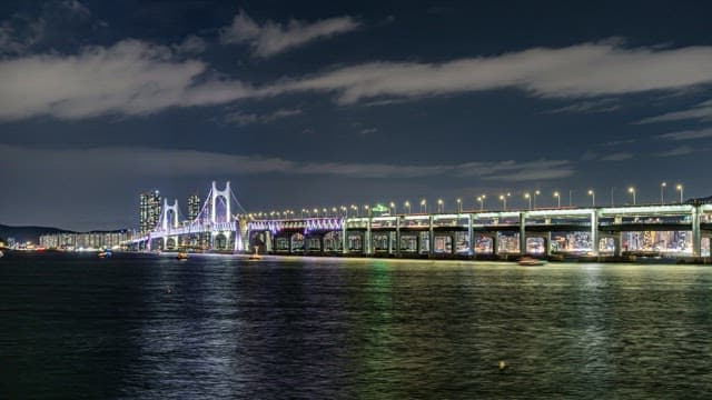 Illuminated bridge over a city river at night