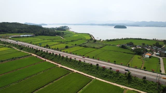Road crossing a wide agricultural field