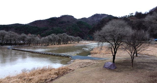 Peaceful river landscape surrounded by mountains and trees