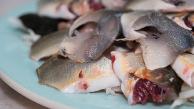 Freshly sliced gizzard shad on a plate