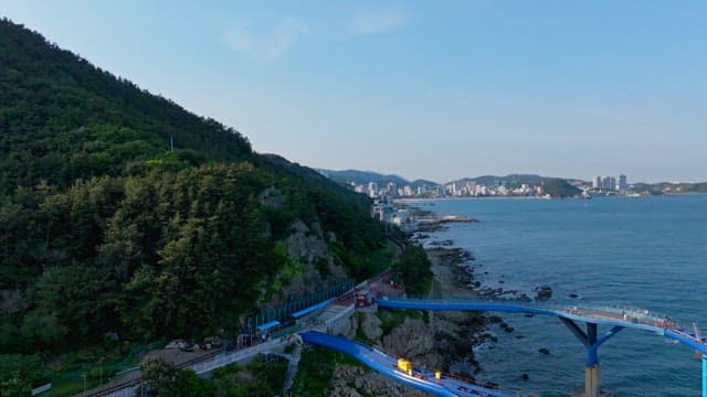 Coastal city with forested hills and a seaside walkway