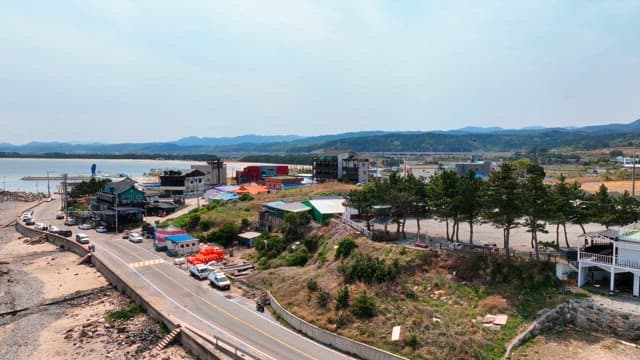 Coastal town with colorful buildings