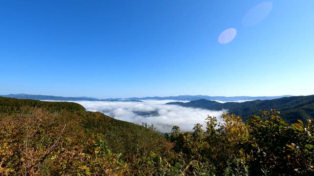 Landscape of Mountain Covered in Fog on a Bright and Clear Day