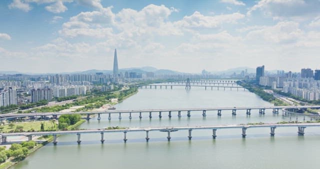 Scenic view of a city with a river and bridge