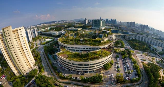 Urban skyline with modern green-roof architecture
