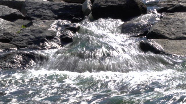 Stream flowing between rocks, sparkling in the sunlight