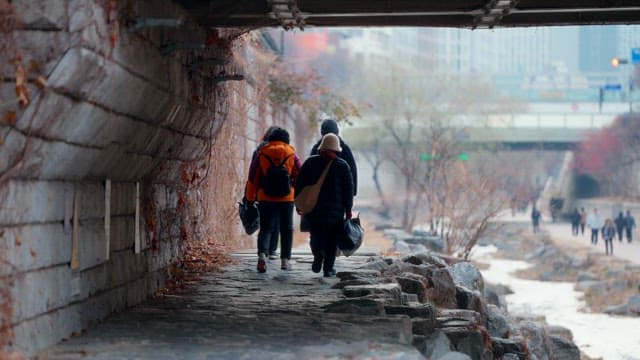 People walking along Cheonggyecheon under the bridge