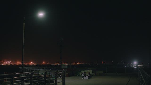 Two people having a nighttime conversation under the streetlight