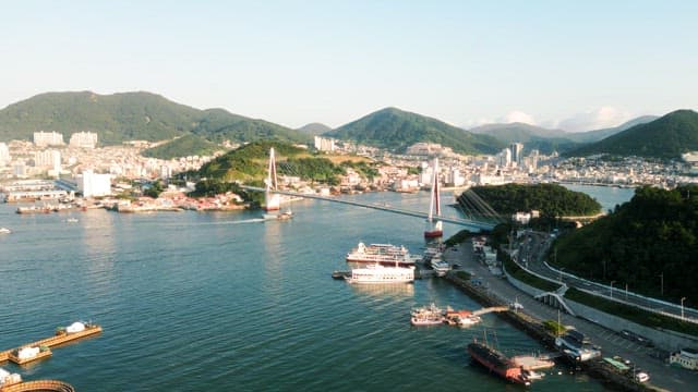 Bustling port city with scenic bridge views