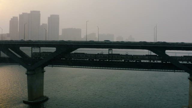 Busy Cityscape Amidst Blowing Snow
