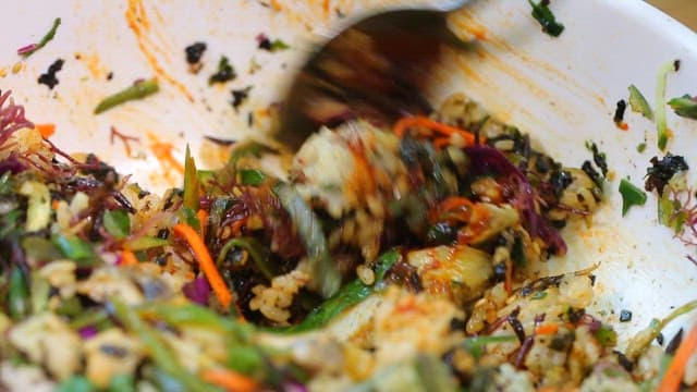 Mixing colorful bibimbap in a bowl with spoon
