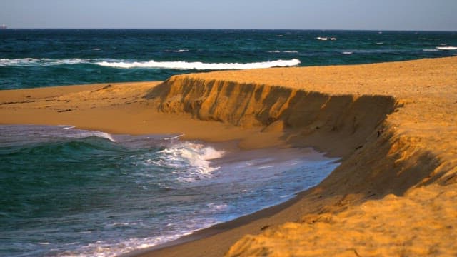 Waves crashing on a sandy beach on a sunny day