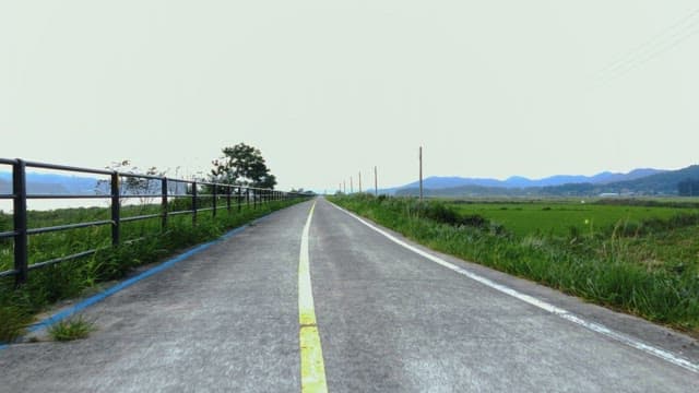 Long road through green fields by a river