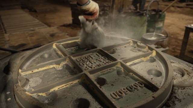 Worker applying powder to mold