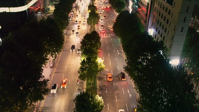 Bustling nocturnal cityscape with traffic